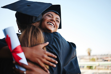 Image showing Students, graduation and happy together for hug to celebrate at college. Women, friends and graduate with certificate for study with success in education, learning and goal achievement at university