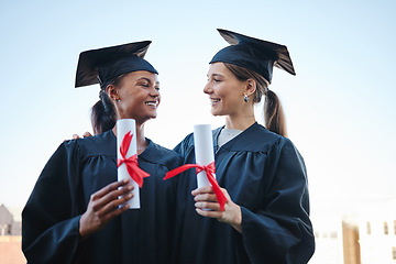 Image showing Friends graduate, graduation and university success celebration of women together outdoor. Education, study scholarship and college certificate of achievement of a girl hug with a happiness smile