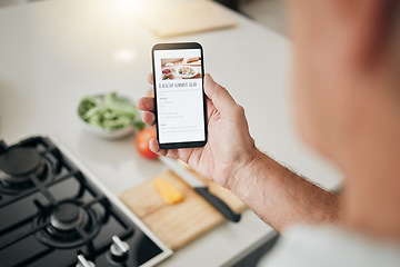 Image showing Phone screen, cooking recipe and man with healthy kitchen salad information on website, digital blog or vegan food app. Hand with smartphone, internet or online inspiration advice for green lifestyle