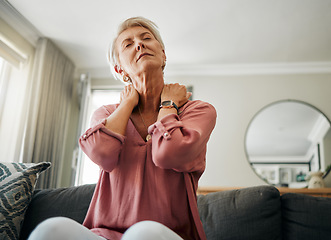 Image showing Senior woman, neck pain and stress in living room home of spine injury, fibromyalgia and osteoporosis. Sick, tired and fatigue lady in orthopedic, arthritis and health problem stretching body muscle