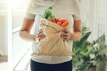 Image showing Healthy groceries, vegetables and home delivery with a brown paper bag with organic, fresh and vegan ingredients or produce from the market to doorstep. Hands of female holding vegetarian food inside