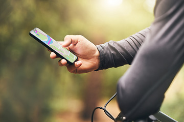 Image showing Hands, search and gps on smartphone for cycle athlete lost in nature park with online map app. Digital navigation and connection with 5g for bicycle person looking for direction information.