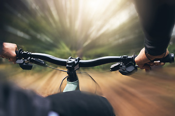 Image showing Hands, man and cycling skills while on a bicycle outdoor in a forest. Adrenaline junkie practice, training or race fast in extreme sports on bike with endurance and cardio during a off road training