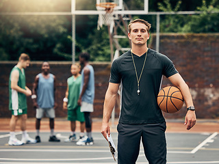Image showing Coach, man and basketball portrait on court training for match, game or competition. Exercise, sports and mindset, vision and motivation of trainer in Canada for workout fitness, wellness and health.