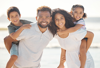 Image showing Happy family portrait, smile and beach, vacation or holiday summer trip. Mother, father and children, little boy and girl relax time together on ocean sea shore, bonding and love, care and coast fun.