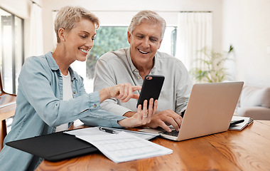 Image showing Phone, laptop and finance with a senior couple working on a will, savings or investment with documents in their home. Money, growth and retirement with an elderly man and woman planning their pension