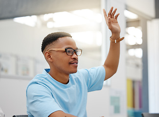 Image showing Question, learning and black man raise hand for education, knowledge growth and answer in a lecture. University student or worker ready to learn, study and gain information insight in a classroom