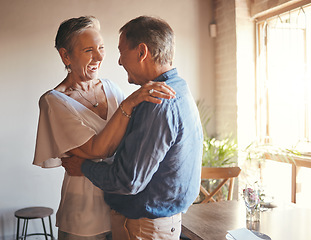 Image showing Dance, freedom and retirement with senior couple dancing in celebration, having fun and bonding in living room. Fun, romance and active seniors sharing a funny joke and enjoying retired lifestyle