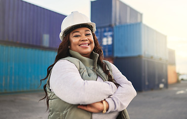 Image showing Black woman, smile and work in logistics with container stack at shipyard. Woman, happy and confident has motivation working in shipping, cargo and supply chain industry at port in Cape Town