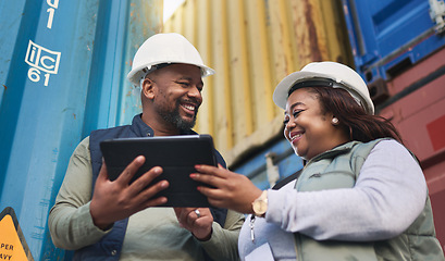 Image showing Logistics, supply chain and tablet with a man and woman shipping worker working on a dock for export. Internet, technology and cargo with a team at work in a container yard for distribution industry