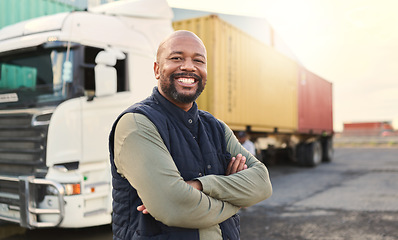 Image showing Delivery, container and happy truck driver moving industry cargo and freight at a shipping supply chain or warehouse. Smile, industrial and black man ready to transport ecommerce trade goods or stock