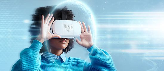 Image showing Woman, VR and technology in future metaverse, game or internet connection in the cyberspace. Female with virtual reality headset in 3d, digital and futuristic AI tech for online innovation