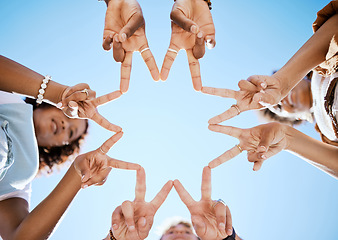 Image showing Friends, hands and star sign by volunteer group in support of environment cleaning project in summer from below. Peace, collaboration and teamwork by happy people gathering to help community cleanup