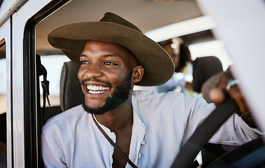 Image showing Happy, taxi and driver with black man driving and enjoying career, safari tour guide in vehicle. Adventure, travel and smile african american looking excited while touring with passenger, carefree