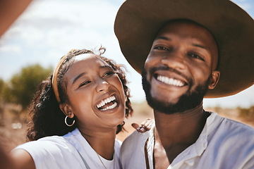 Image showing Couple, selfie and happy black people together in nature with a smile outdoor. Portrait of a girlfriend and boyfriend with happiness and relationship love gratitude smiling on a summer day walking