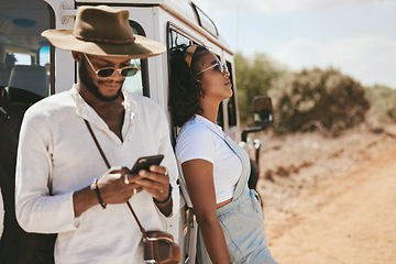 Image showing Safari travel, fashion and african couple with car and smartphone for social media update, location check and countryside lifestyle. Influencer black people or youth with summer clothes and transport