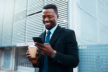 Image showing Coffee, social media and businessman on his phone in the city of Singapore with smile in morning. Happy, corporate and African employee reading chat on mobile phone with drink of tea and 5g internet