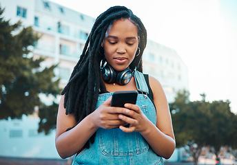 Image showing Black woman, phone and city networking app on 5g communication technology on street or Nigerian road. Tourist or fashion student on internet search with mobile in gps map location for travel commute