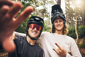 Image showing Forest, cycling and friends take a selfie in nature on an outdoor bicycle adventure in the woods in summer. Sports, bikers and happy men in a picture for fun biking memories on holiday vacation