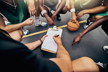 Image showing Basketball, strategy and team with a sports coach talking to a team while planning tactics on a clipboard and hands. Teamwork, fitness and exercise with a player and teammates listening at training