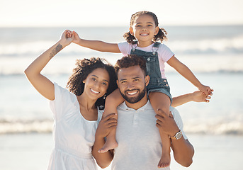 Image showing Travel, summer and family beach portrait with child and parents on peaceful vacation break. Happy mother and dad with young daughter enjoy relaxing holiday walk together at ocean in Mexico.