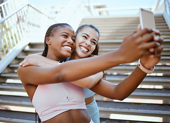 Image showing Diversity, phone and fitness friends take selfie as girls running, training and cardio workout outdoors together. Sports, Smile and black woman with Latino best friend in Washington DC to exercise