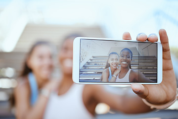 Image showing Selfie, phone and fitness with girl friends taking a photograph during a workout, exercise or training. Sports, wellness and health with a black woman and friend posing for a mobile picture