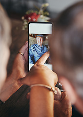 Image showing Love, memory and couple with phone picture to remember romantic date, bond and relax quality time together. Happy, smile and elderly man and woman view digital photo album on mobile smartphone screen