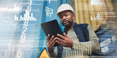 Image showing Tablet, overlay and black man in delivery logistics by containers working on the stock, cargo or inventory checklist. Industrial worker counting export numbers of freight for supply chain warehouse