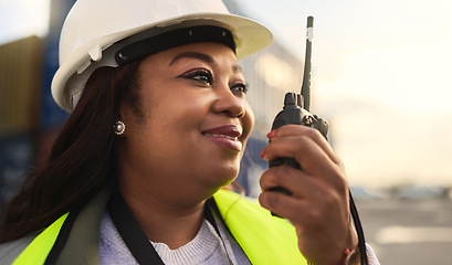 Image showing Logistics, delivery and black woman in communication via radio for manufacturing supply chain about shipping. Smile, engineer and happy manager in conversation with distribution worker at a port