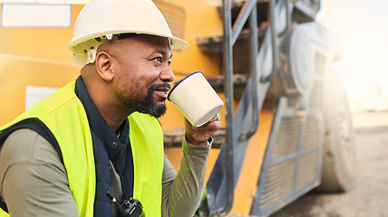 Image showing Coffee, engineer and construction worker relax on break at construction site, smiling and inspired by building idea and vision. Engineering, motivation and black man happy about project development