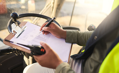 Image showing Forklift driver and writing on checklist for warehouse admin and organisation of stock logistics. Professional cargo worker report schedule and management of tasks paperwork for accountability.