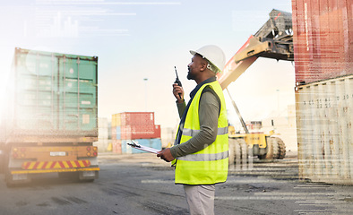 Image showing Delivery, logistics and manager in communication with walkie talkie about stock safety inspection for industrial distribution. Black man speaking with supply chain worker at cargo warehouse in Africa