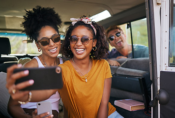 Image showing Travel, smile and selfie with friends on road trip in car for adventure, summer and freedom on California holiday. Happy, support and mobile with group of people with phone for social media together