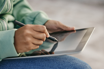 Image showing Hands, tablet and design with a woman on the internet with a stylus for creative work outside closeup. Technology, online and writing with a female designer using a wireless device for creativity