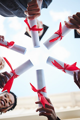 Image showing Graduation, diploma and hands with a student group outside in a huddle or circle from below. Graduate, success and university with friends holding a degree after completing college education