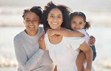 Image showing Grandma, mom and girl beach love to smile together for motherhood, women and freedom fun ocean holiday vacation. People or black family and child happy at free sea water travel in summer