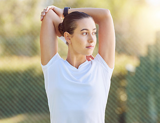 Image showing Tennis stretching, sports goal and woman training on a court for fitness, motivation for professional event and start of game on outdoor court. Athlete thinking while doing warm up before workout