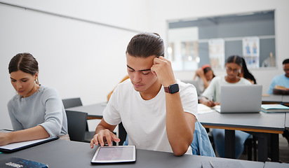 Image showing Digital tablet, university and student in lecture reading course work, classroom information or online internet search. Gen z graphic designer or multimedia college people in classroom learning tech
