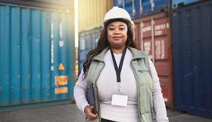 Image showing Shipping worker and portrait of black woman at cargo freight containers with tablet for logistics. Assertive, confident and professional African girl in ecommerce delivery management industry.