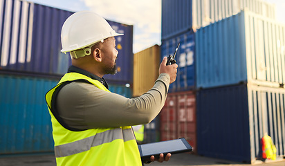 Image showing Logistics, supply chain and shipping with a man, tablet and radio to plan delivery and shipment of container. Stock, cargo and freight worker on a commercial dock for export and import distribution