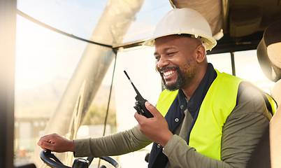 Image showing Forklift driver and black man talking on radio for professional cargo shipping communication. African cargo transportation worker for ecommerce enjoying conversation with portable device.
