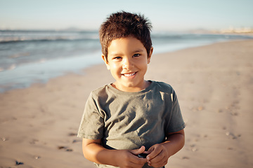 Image showing Beach, relax and travel child portrait with smile on sand for peaceful summer break in Mexico. Young and happy boy on Mexican ocean vacation enjoying freedom and leisure with seaside walk.