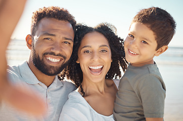 Image showing Family selfie portrait at beach holiday, summer vacation and seaside relaxing together. Faces of excited, smile and happy mom, dad and boy kids taking photos for fun, happiness and sunny ocean travel