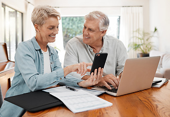 Image showing Phone, finance and retirement with a senior man and woman working on their will, savings and investment together in a home. Money, communication and documents with an eldery male and female pensioner