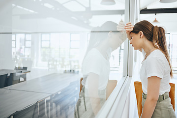 Image showing Burnout, frustrated and sad student by classroom window for fail, mistake or bad time management with mental health problem. Depressed, tired and fatigue college woman with study headache university