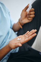 Image showing Man hands, medicine pills and medical tablet treatment for sick, healthcare and pharmaceutical drugs help. Closeup person daily capsules of antibiotics, wellness vitamins and pain healing supplements