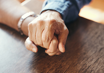 Image showing Marriage senior couple holding hands in for support, mental health and care after bad news, results or sick. Love, trust and help with retirement people for depression, family or healthcare problem