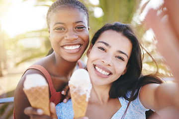 Image showing Women, ice cream or selfie in summer travel, holiday or vacation in Miami Florida. Zoom, happy or smile portrait of friends or fashion students pov for social media photograph with sweet dessert food