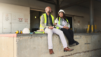 Image showing Business people, logistics, and lunch break at work site relaxing, talking and enjoying free time on the job. Black man and woman employee in shipping yard, warehouse or factory industry at rest